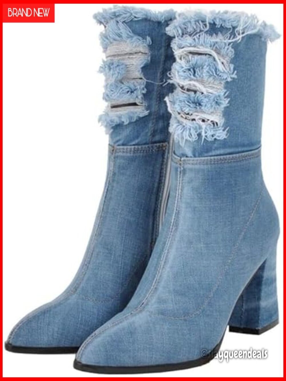 Denim Ankle Boots Pointed Toe Chunky Heel Side Zipper Mid Calf
